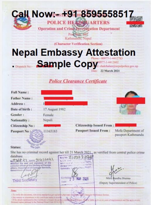 PCC attestation from Nepal Embassy, New Delhi