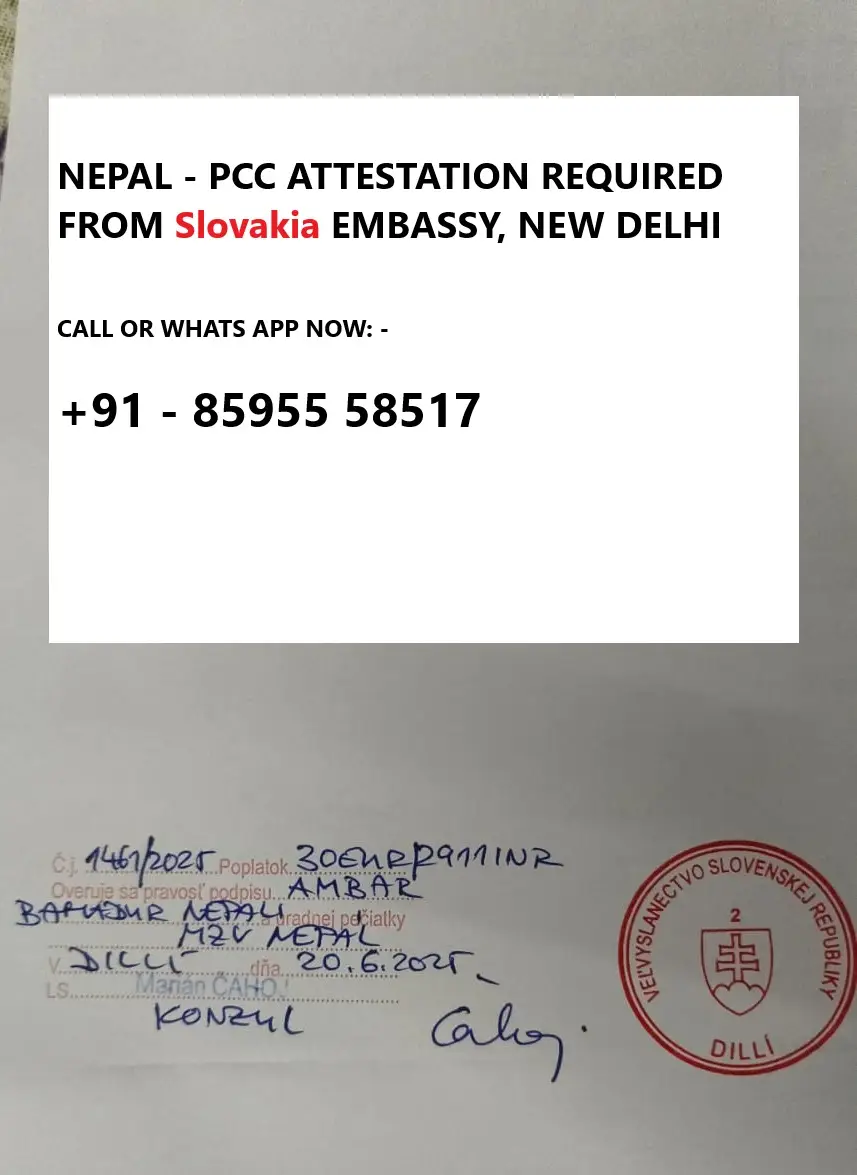Sample Nepal police clearance certificate legalised by the Embassy of the Slovak Republic, New Delhi