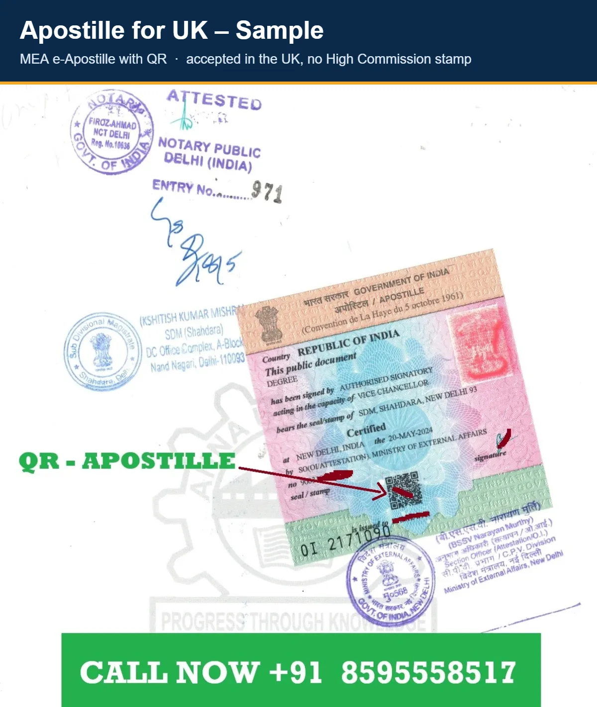 Apostille for UK sample – MEA QR apostille Apostille for UK sample: Indian document with notary and SDM stamps and the MEA apostille sticker with QR code, accepted by UK solicitors, courts and HM Land Registry