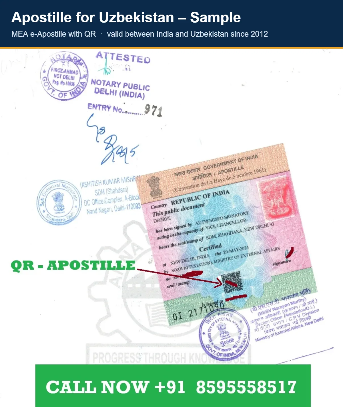 Apostille for Uzbekistan sample – MEA QR apostille Apostille for Uzbekistan sample: Indian document with attestation stamps and the MEA apostille sticker with QR code, used for medical institutes in Samarkand and Tashkent