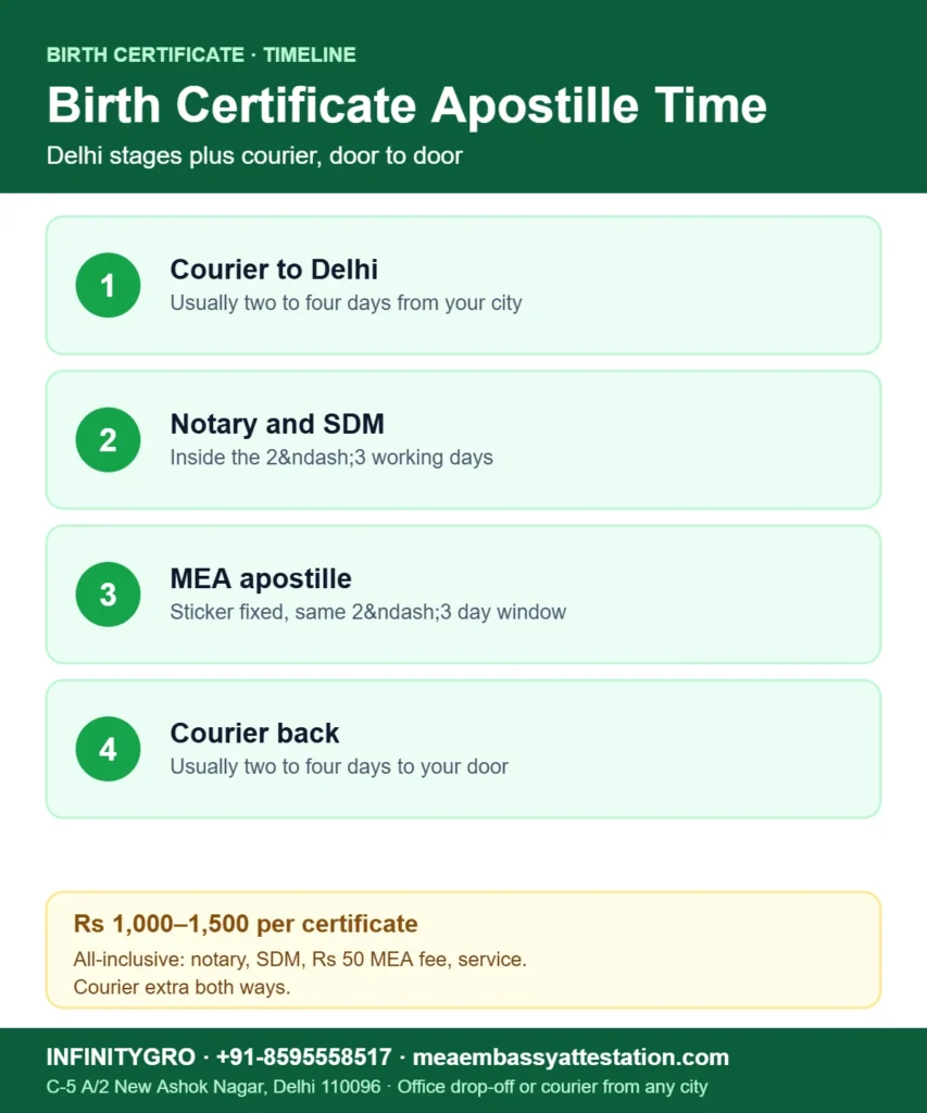 Birth certificate apostille process timeline: courier to Delhi, notary and SDM, MEA apostille, courier back
