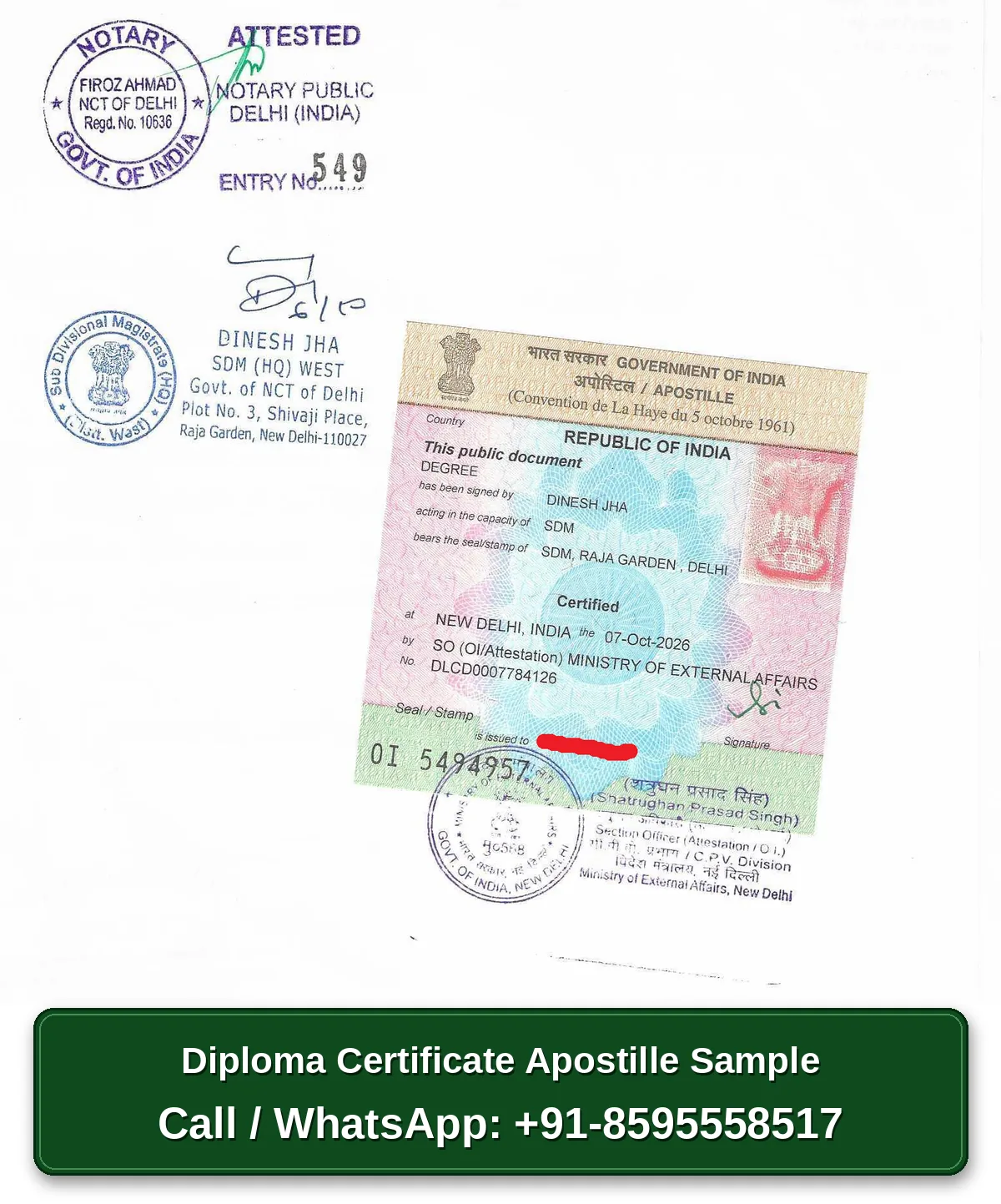 Diploma Certificate Apostille Sample - Odisha Diploma certificate apostille Odisha sample with Notary, SDM and MEA apostille sticker