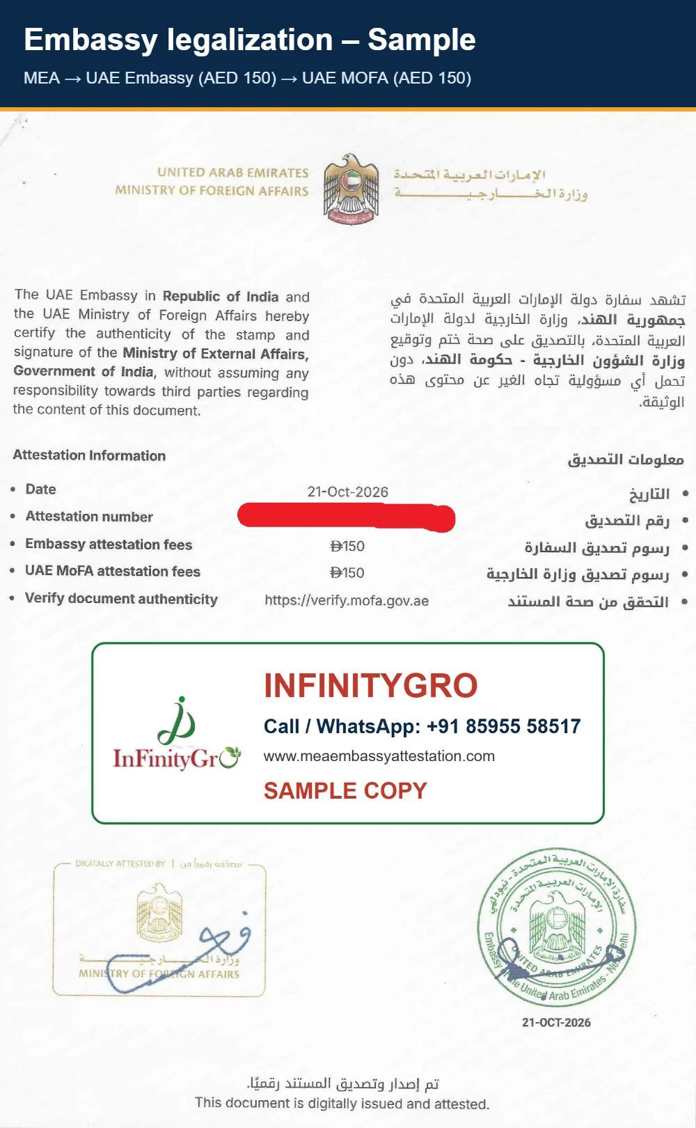 Attestation services in Gurgaon: UAE Embassy and UAE MOFA e-attestation sample, October 2026