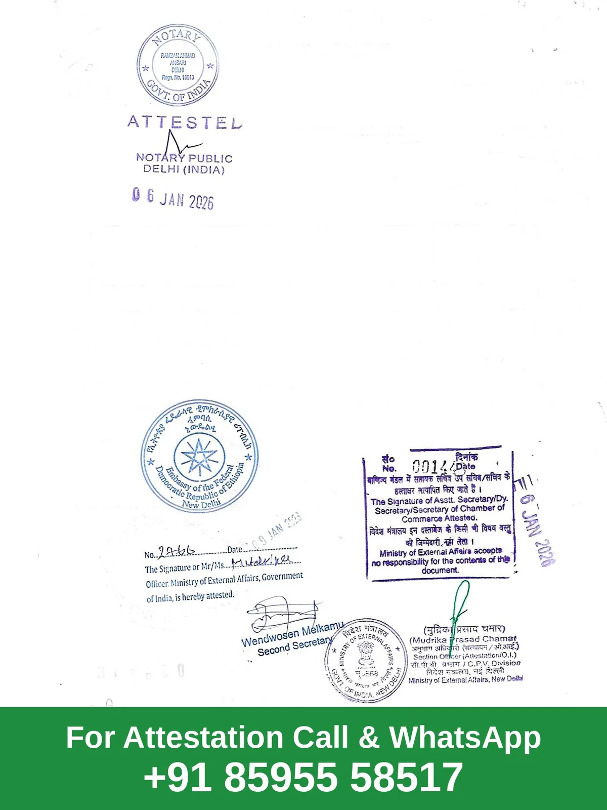 Ethiopia Embassy Attestation Sample Ethiopia Embassy attestation sample: Indian document with MEA attestation and Embassy of Ethiopia in New Delhi legalisation stamp