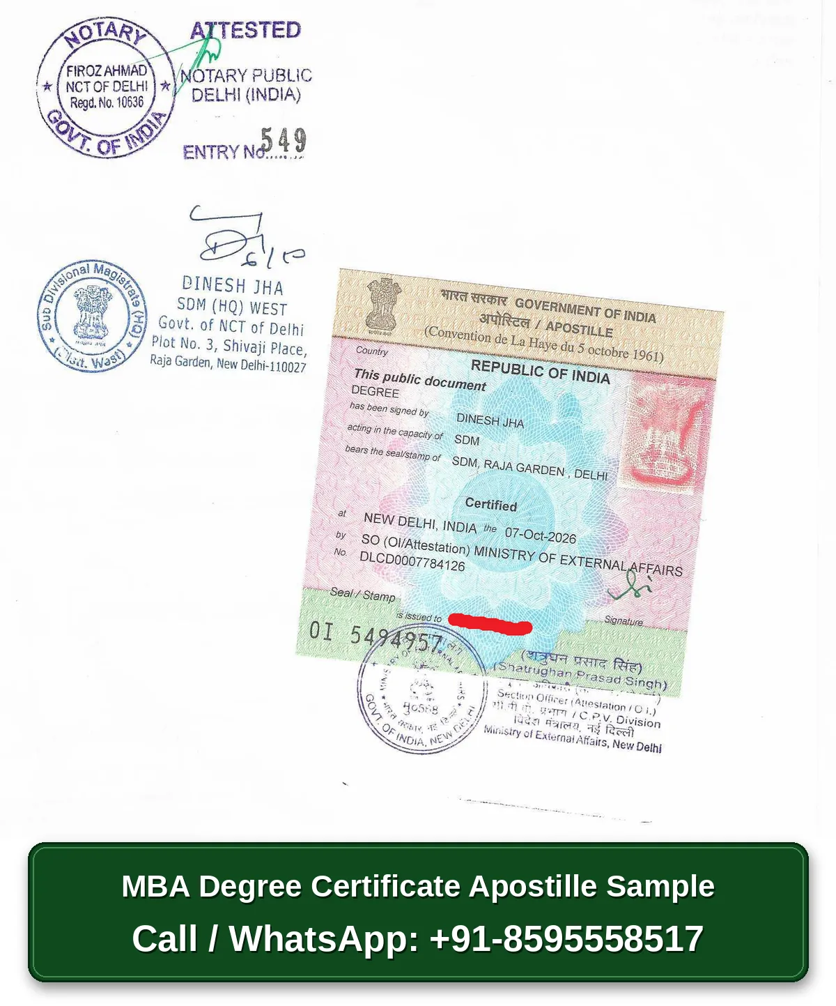 MBA degree certificate apostille sample with Notary, SDM and MEA apostille sticker