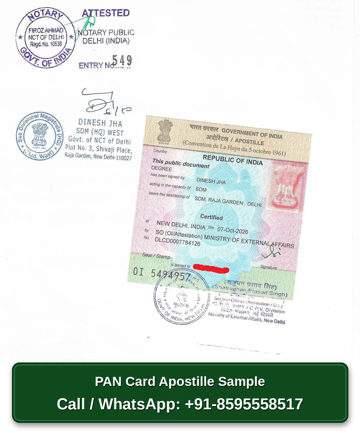 PAN Card Apostille Sample PAN card apostille sample with Notary, SDM and MEA apostille sticker