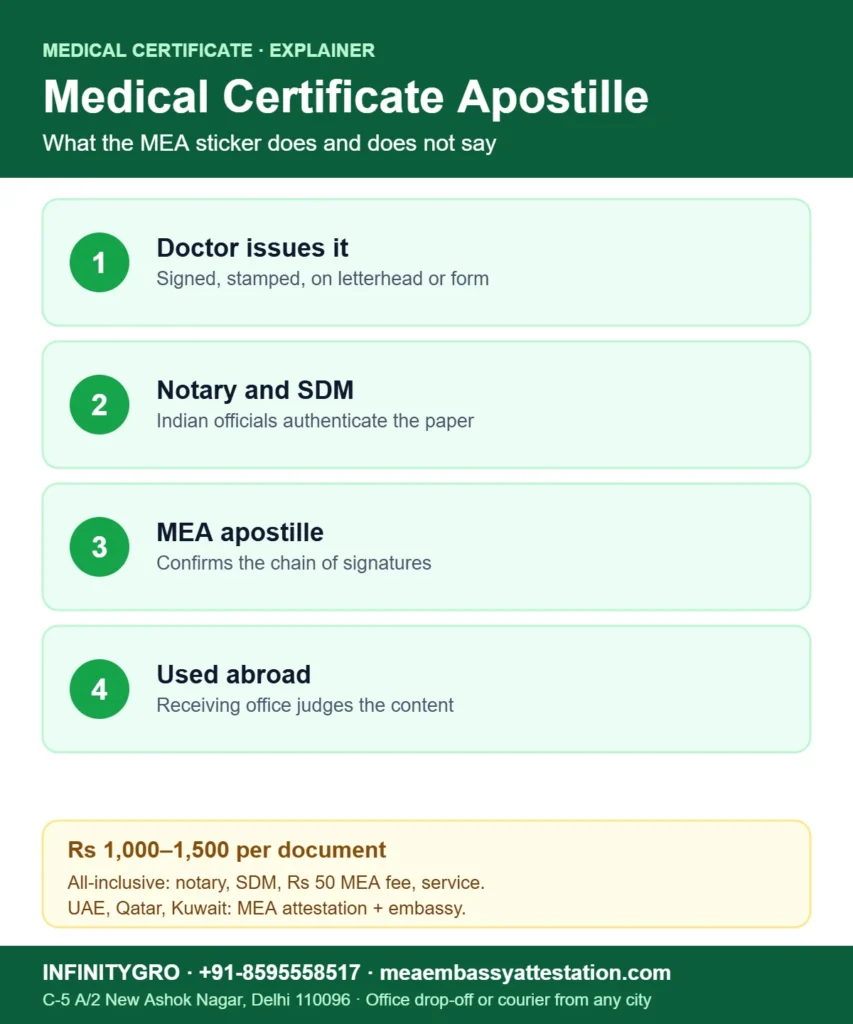 What is medical certificate apostille: doctor issues it, notary and SDM authenticate, MEA apostille, used abroad