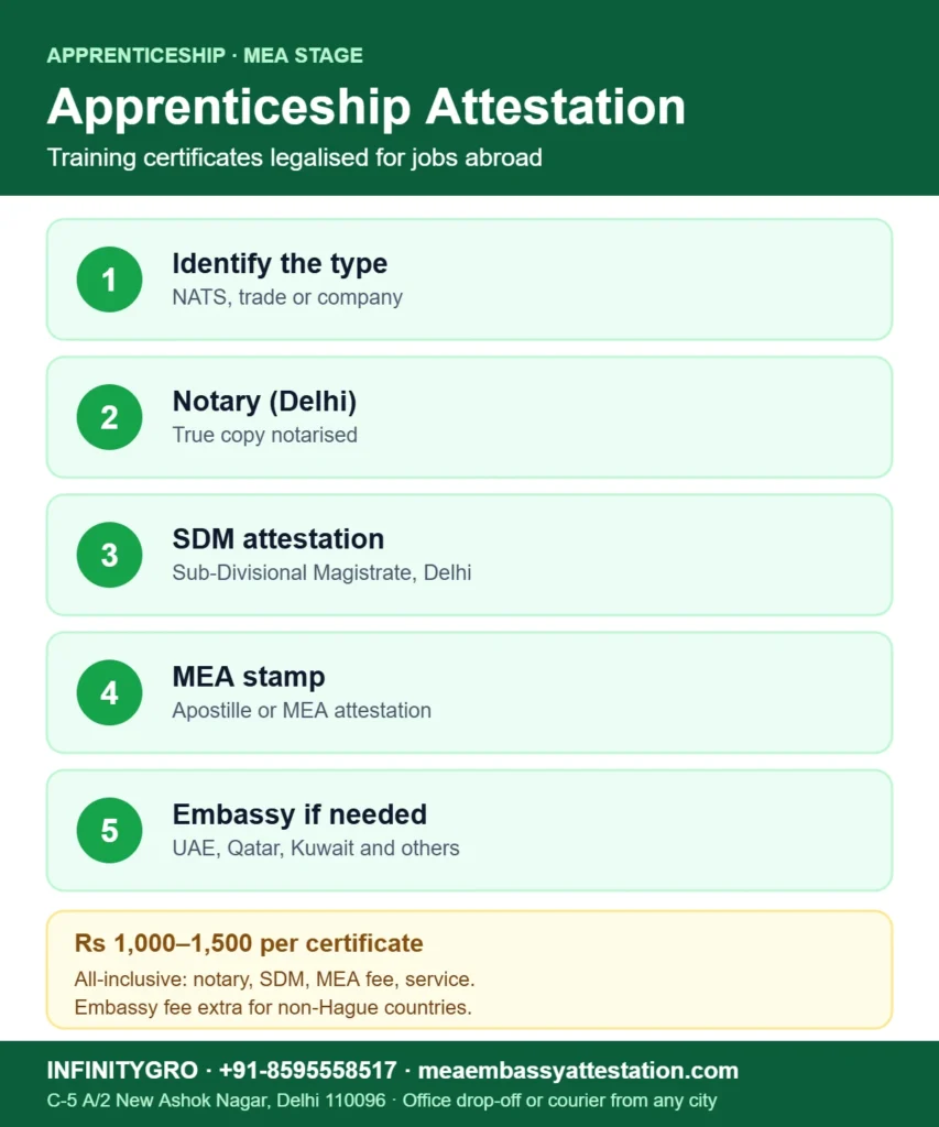 Apprenticeship certificate attestation from MEA: identify the type, notary, SDM attestation, MEA stamp, embassy if needed